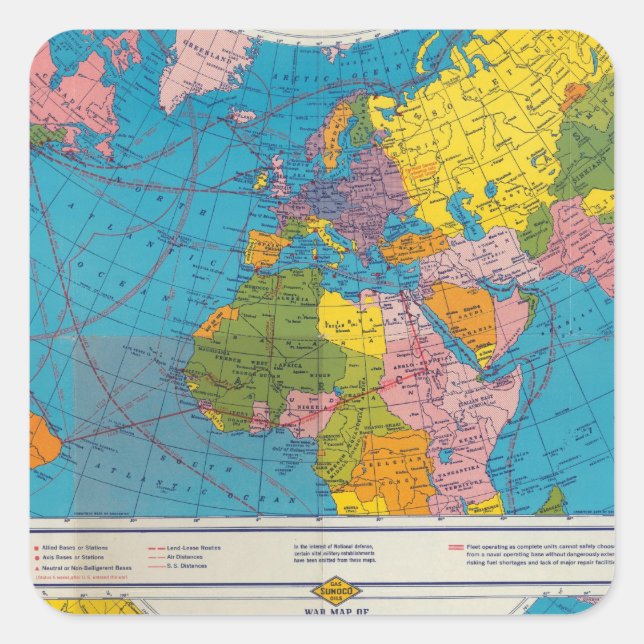 War map Atlantic, Eurasia, Africa, Pacific Ocean Square Sticker (Front)