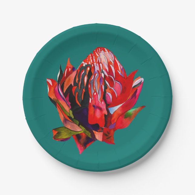 Waratah Australian native flower watercolor Paper Plates (Front)