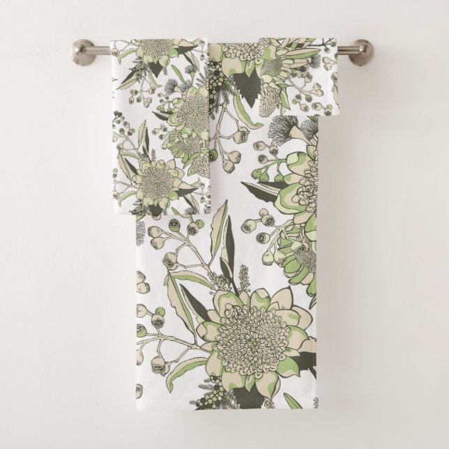Waratah & Gumnut Eucalyptus - Green And White Bath Towel Set (Insitu)