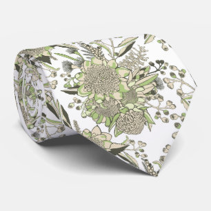 Waratah & Gumnut Eucalyptus - Green And White Neck Tie