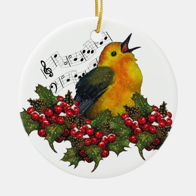 Warbler in Snow With Christmas Holly: Art Ceramic Ornament (Front)