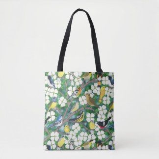 warblers in the flowering dogwood tote bag