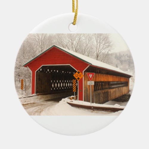 Ware Gilbertville Covered Bridge Winter Ceramic Ornament