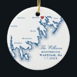 Wareham MA Wedding Photo First Christmas Ceramic  Ornament<br><div class="desc">Celebrate your first Christmas as a married couple with this elegant navy blue South Coast, MA map keepsake wedding ornament, perfect for a Wareham wedding. This personalized design features your wedding location on the front and your favorite wedding photo on the back, creating a meaningful holiday heirloom. Ideal for couples...</div>