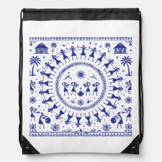 Warli Art Indian Tribal Illustration Drawstring Bag