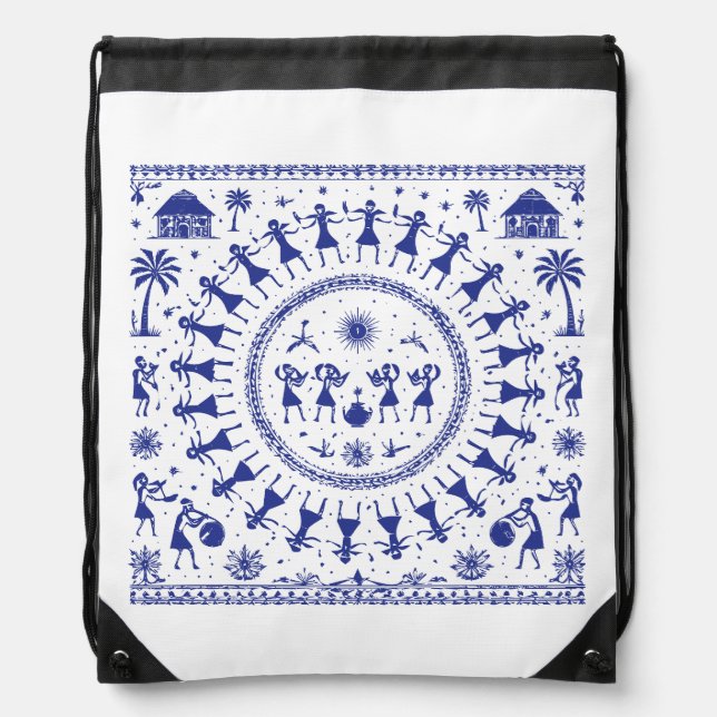 Warli Art Indian Tribal Illustration Drawstring Bag (Front)