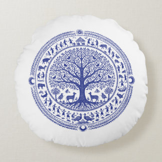 Warli Art Indian Tribal Illustration | Minimalist Round Pillow
