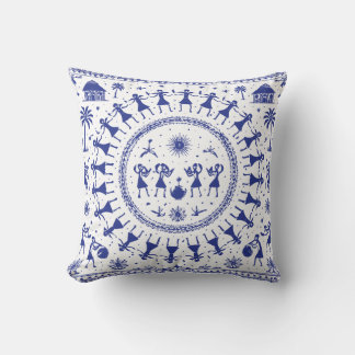 Warli Art Indian Tribal Illustration Throw Pillow
