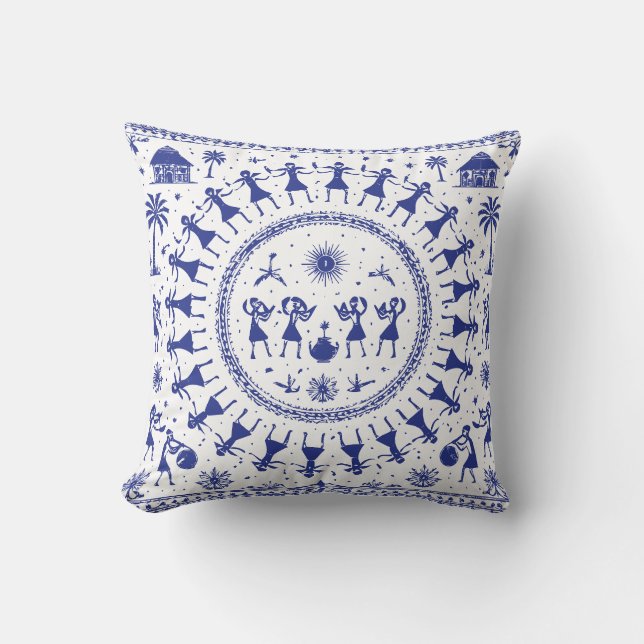 Warli Art Indian Tribal Illustration Throw Pillow (Front)