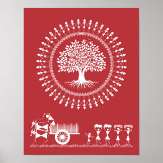 Warli Harmony: Tree of Life and Rural Bliss Poster