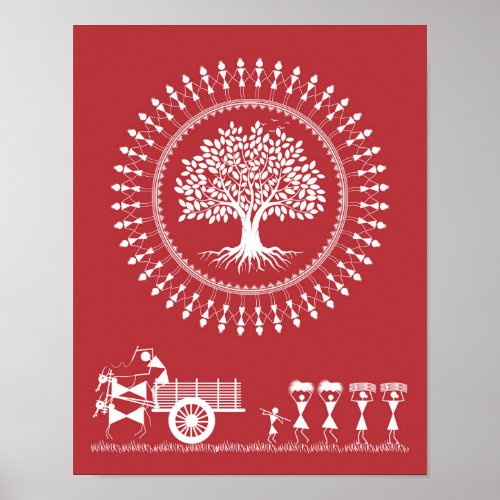 Warli Harmony Tree of Life and Rural Bliss Poster