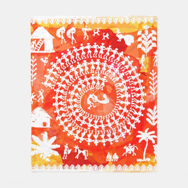 Warli painting - hand drawn traditional the ancien fleece blanket (Front)