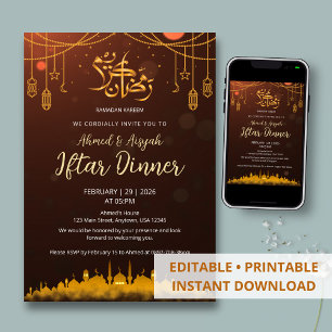 Warm Amber and Gold Mosque Silhouette Iftar Invitation