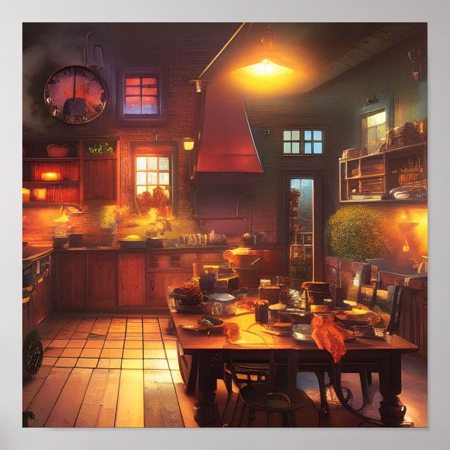 Warm and Cozy Farmhouse Kitchen Digital Art Poster (Front)