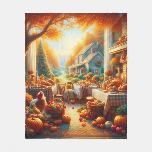 Warm and Cozy Thanksgiving Gathering Fleece Blanket (Front)