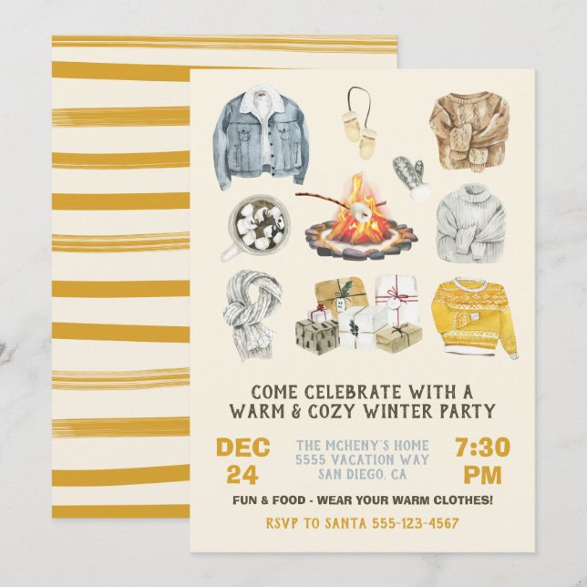 Warm and Cozy Winter Party Christmas bonfire Invitation (Front/Back)