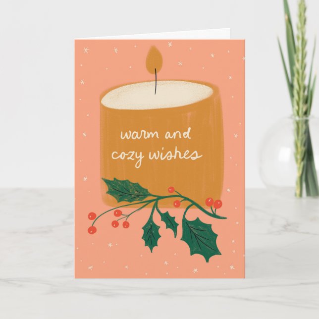 Warm and Cozy Wishes Candle Holiday Greeting Card (Front)