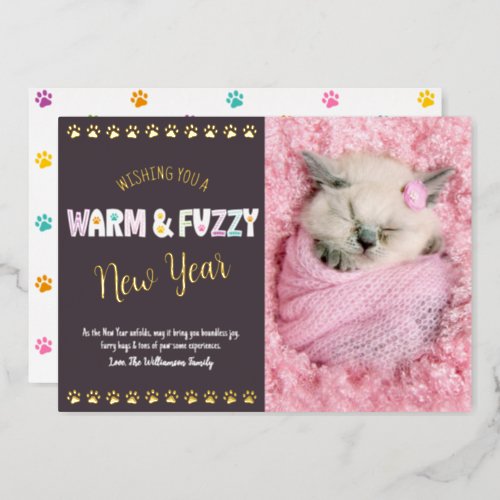 Warm and Fuzzy New Year Pet Photo Plum Real Gold Foil Holiday Card