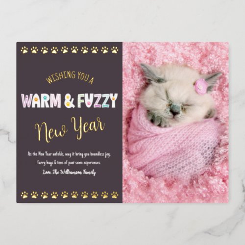 Warm and Fuzzy New Year Pet Photo Purple Real Gold Foil Holiday Postcard