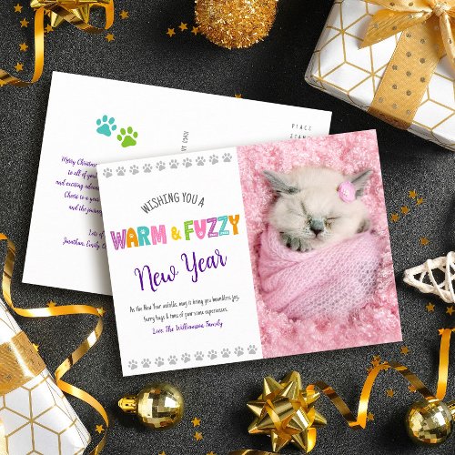 Warm and Fuzzy New Year Pet Photo Typography Cute Holiday Postcard