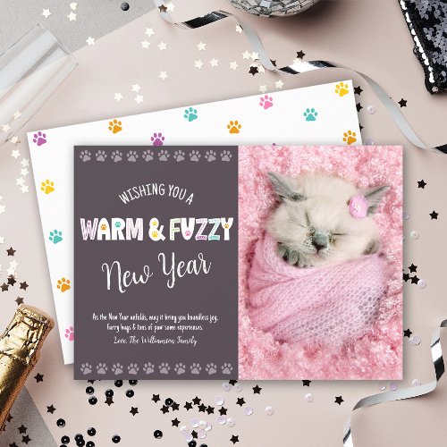 Warm and Fuzzy New Year Pet Photo Typography Plum Holiday Card