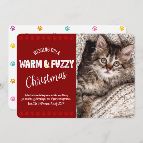 Warm and Fuzzy Pet Christmas Photo Typography Red Holiday Card