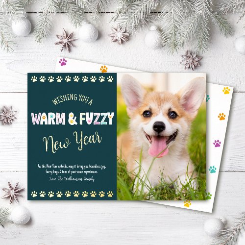 Warm and Fuzzy Pet New Year Photo Teal Real Gold Foil Holiday Card