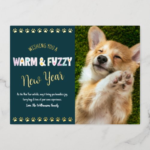Warm and Fuzzy Pet New Year Photo Teal Real Gold Foil Holiday Postcard
