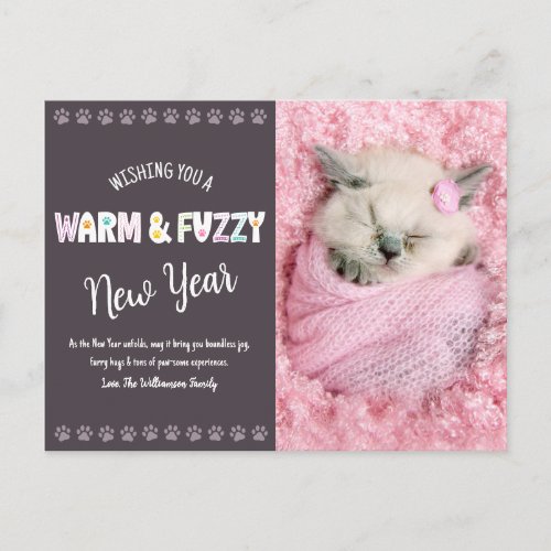 Warm and Fuzzy Pet New Year Photo Typography Plum Holiday Postcard