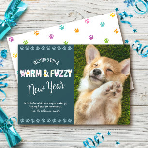 Warm and Fuzzy Pet New Year Photo Typography Teal Holiday Card