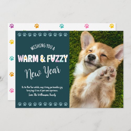 Warm and Fuzzy Pet New Year Photo Typography Teal Holiday Card