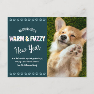 Warm and Fuzzy Pet New Year Photo Typography Teal Holiday Postcard