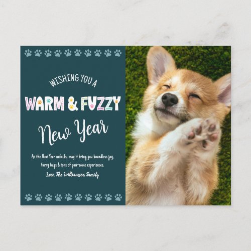 Warm and Fuzzy Pet New Year Photo Typography Teal Holiday Postcard