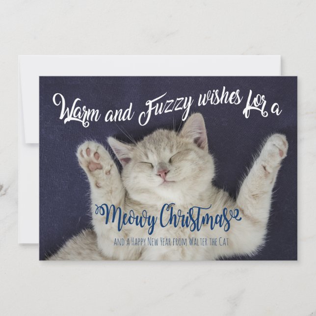 Warm and Fuzzy Sleeping Meowy Christmas Cat Holiday Card (Front)