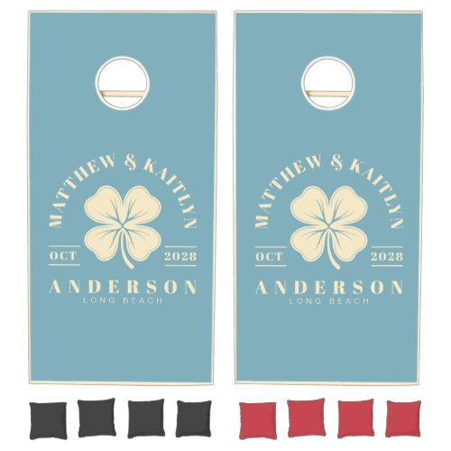 Warm Aqua Afternoon Irish Clover Wedding Crest Cornhole Set