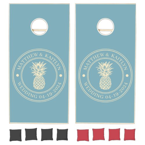 Warm Aqua Afternoon Pineapple Wedding Crest & Name Cornhole Set