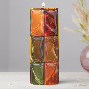Warm Autumn Glass Tile Mosaic - Glossy Amber Pillar Candle