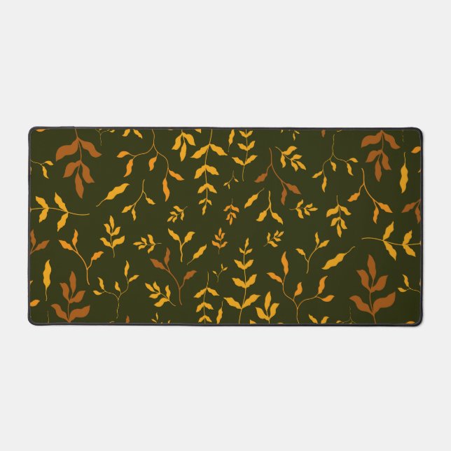 Warm Autumn Gold Leaves Dark Green Pattern Desk Mat (Front)