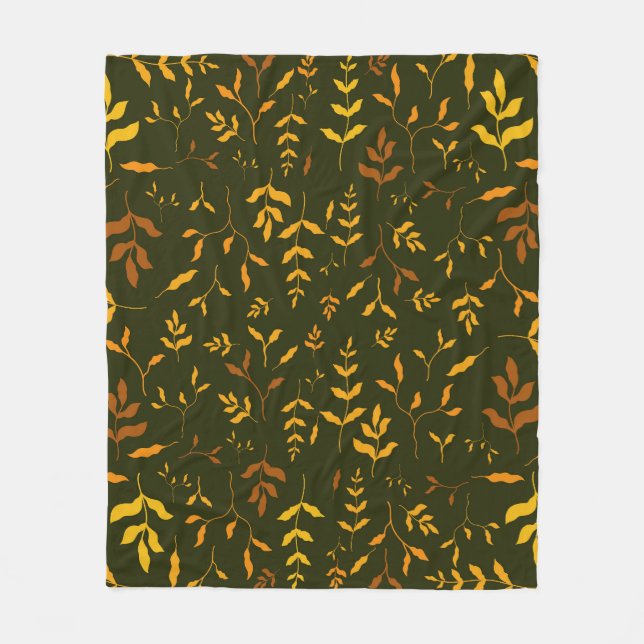 Warm Autumn Gold Leaves Dark Green Pattern Fleece Blanket (Front)