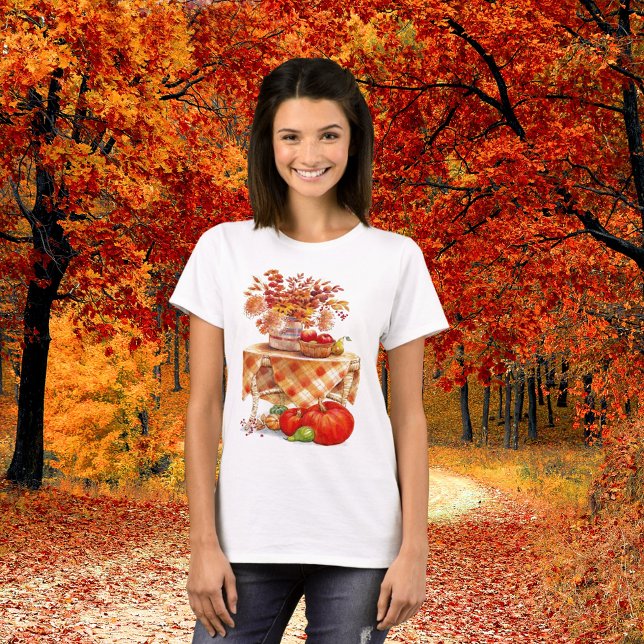 Warm Autumn Harvest Table Still Life Women's T-Shirt (Autumn Floral Pumpkin Oktoberfest Womens T-Shirt)