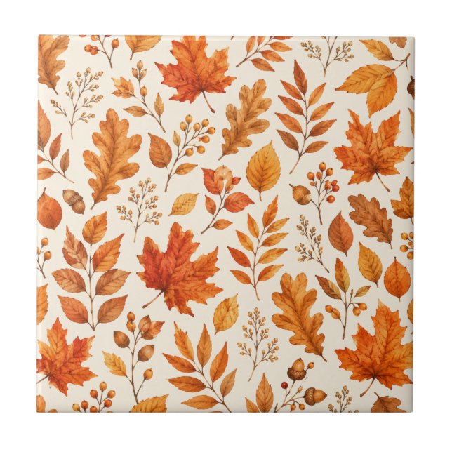 Warm Autumn Leaves Seamless Pattern Ceramic Tile (Front)