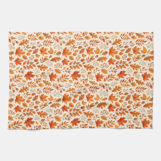 Warm Autumn Leaves Seamless Pattern Kitchen Towel (Horizontal)