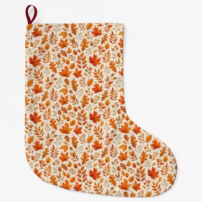 Warm Autumn Leaves Seamless Pattern Large Christmas Stocking (Front)