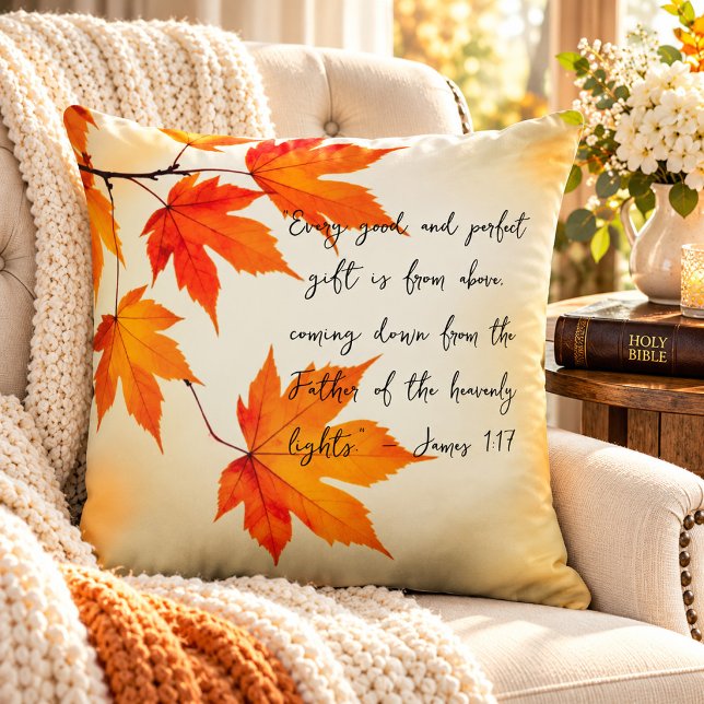 Warm Autumn Maple Leaves & Scripture Faith Fall  Throw Pillow (Creator Uploaded)