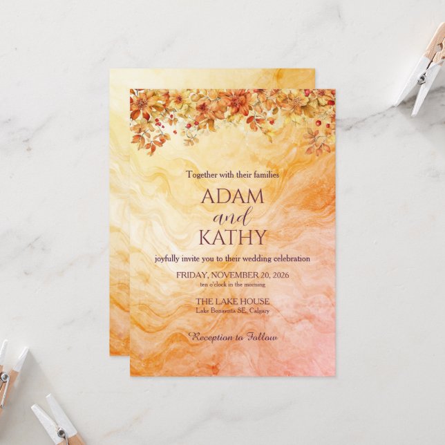 Warm Autumn Marble Wedding Invitation (Front/Back In Situ)