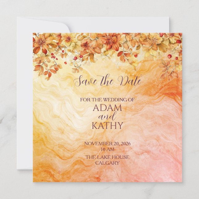 Warm Autumn Marble Wedding Save the date card (Front)