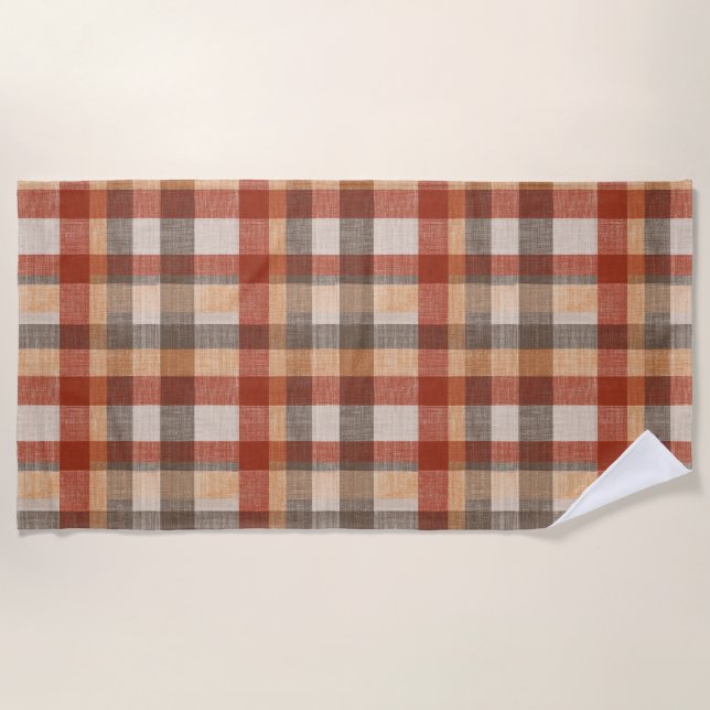 Warm Autumn Plaid Fabric Texture in Rust and Beige Beach Towel (Front)