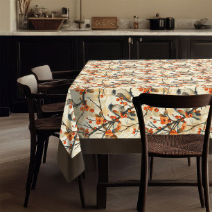 Warm Autumn Tablecloth with Birds Rustic Flowers