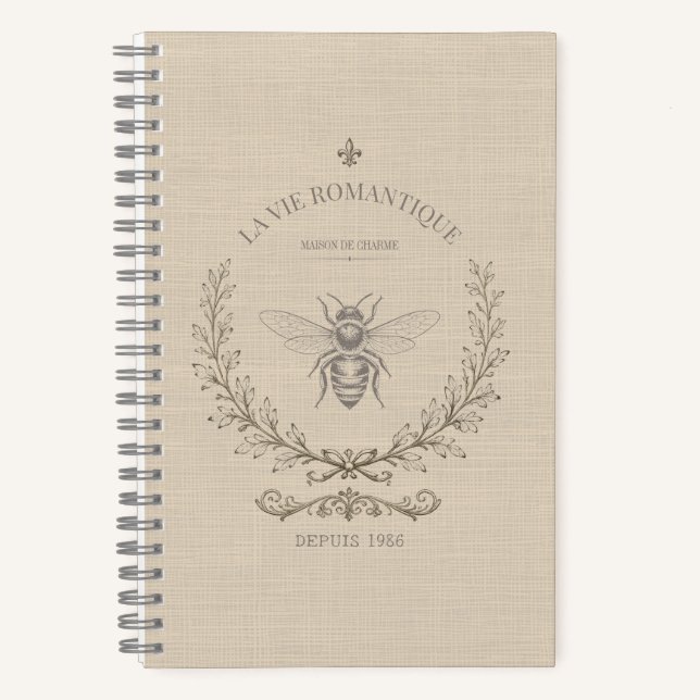 Warm Beige Bee Engraving | French Country Rustic  Notebook (Front)