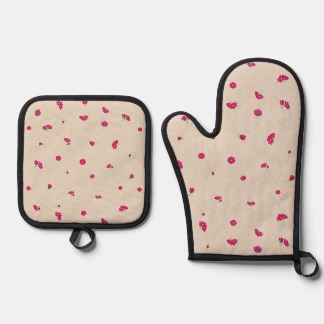 Warm Beige Deep Pink Cosmos Floral Pattern Oven Mitt & Pot Holder Set (Front)